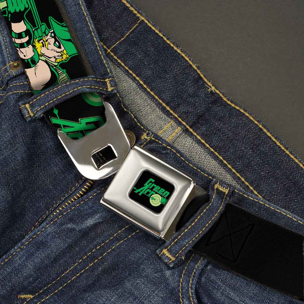 GREEN ARROW Logo Full Color Black Green Seatbelt Belt - GREEN ARROW Action Poses/Targets Black/Greens Webbing Seatbelt Belts DC Comics