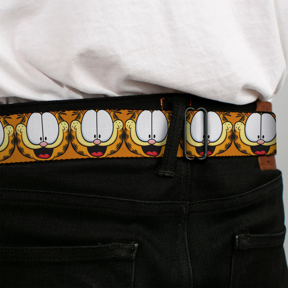GARFIELD Pose Title Logo Full Color Black Seatbelt Belt - Garfield Smiling Expression Close-Up Orange Webbing Seatbelt Belts Garfield