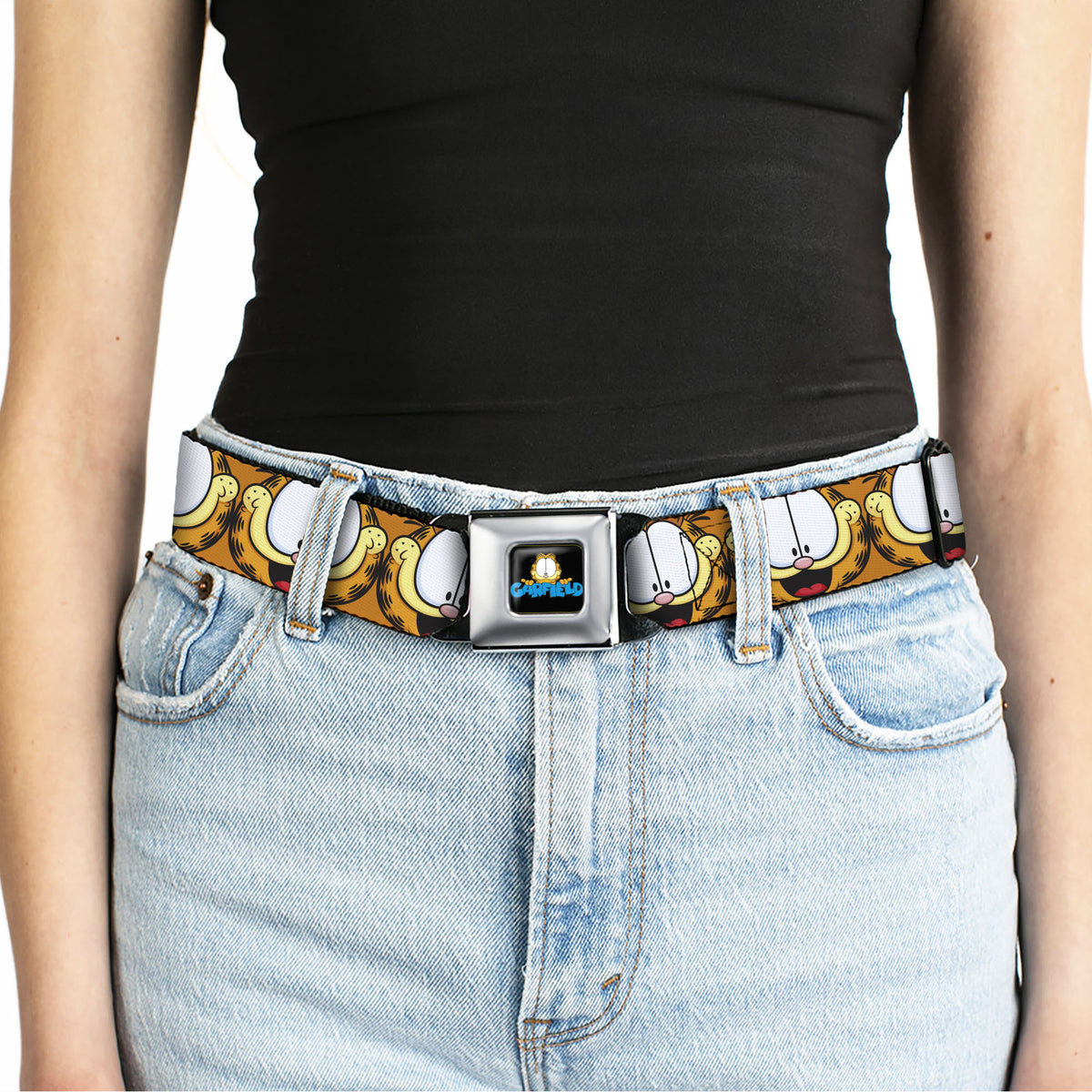 GARFIELD Pose Title Logo Full Color Black Seatbelt Belt - Garfield Smiling Expression Close-Up Orange Webbing Seatbelt Belts Garfield