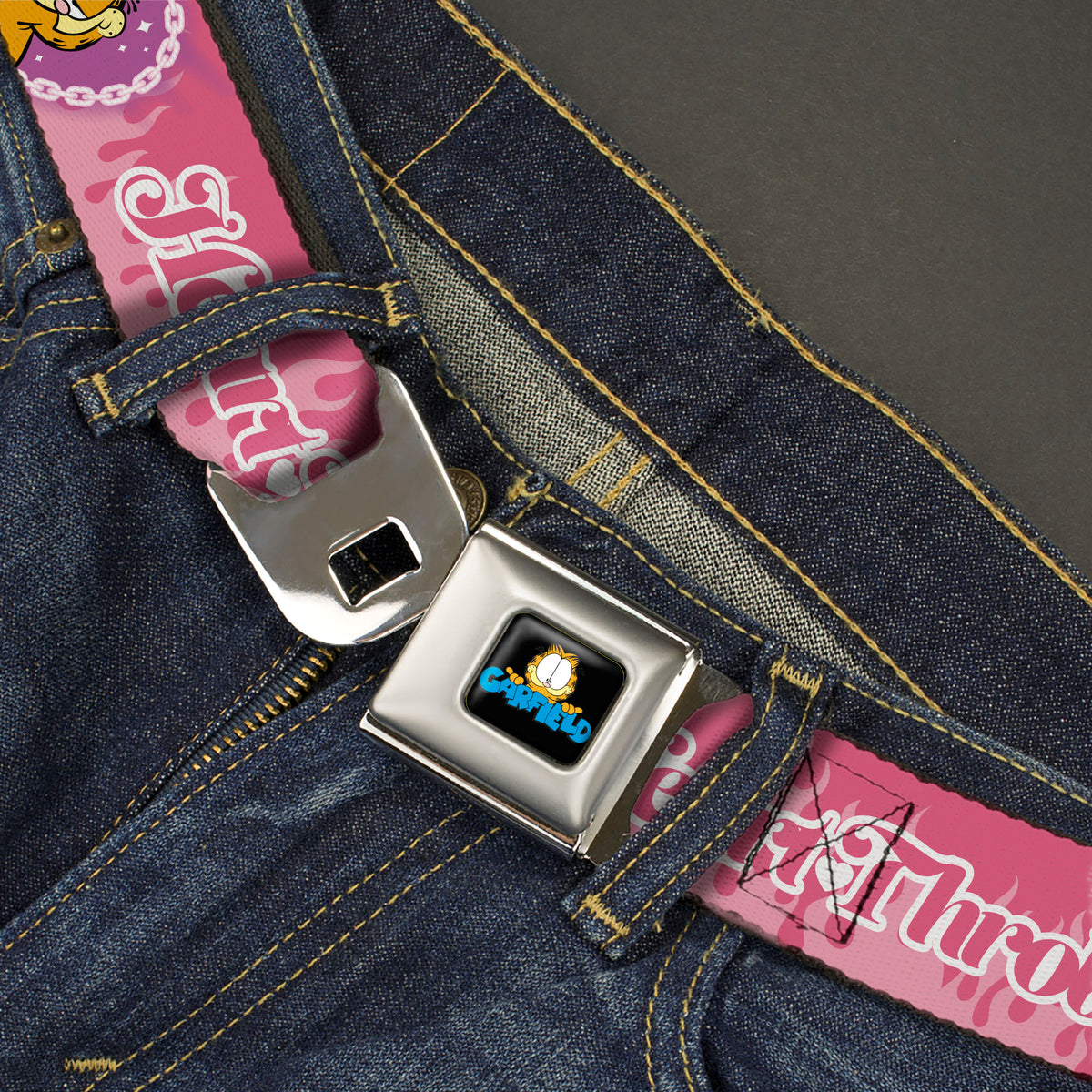 Garfield Smiling Face and Text Logo Full Color Black Seatbelt Belt - Garfield HEART THROB Flames Pose Valentine Pinks Webbing Seatbelt Belts Garfield