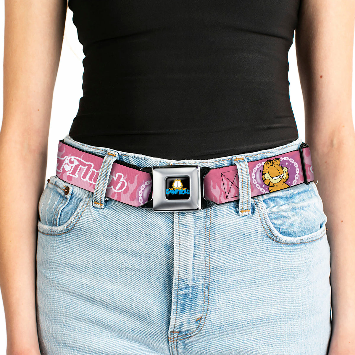 Garfield Smiling Face and Text Logo Full Color Black Seatbelt Belt - Garfield HEART THROB Flames Pose Valentine Pinks Webbing Seatbelt Belts Garfield