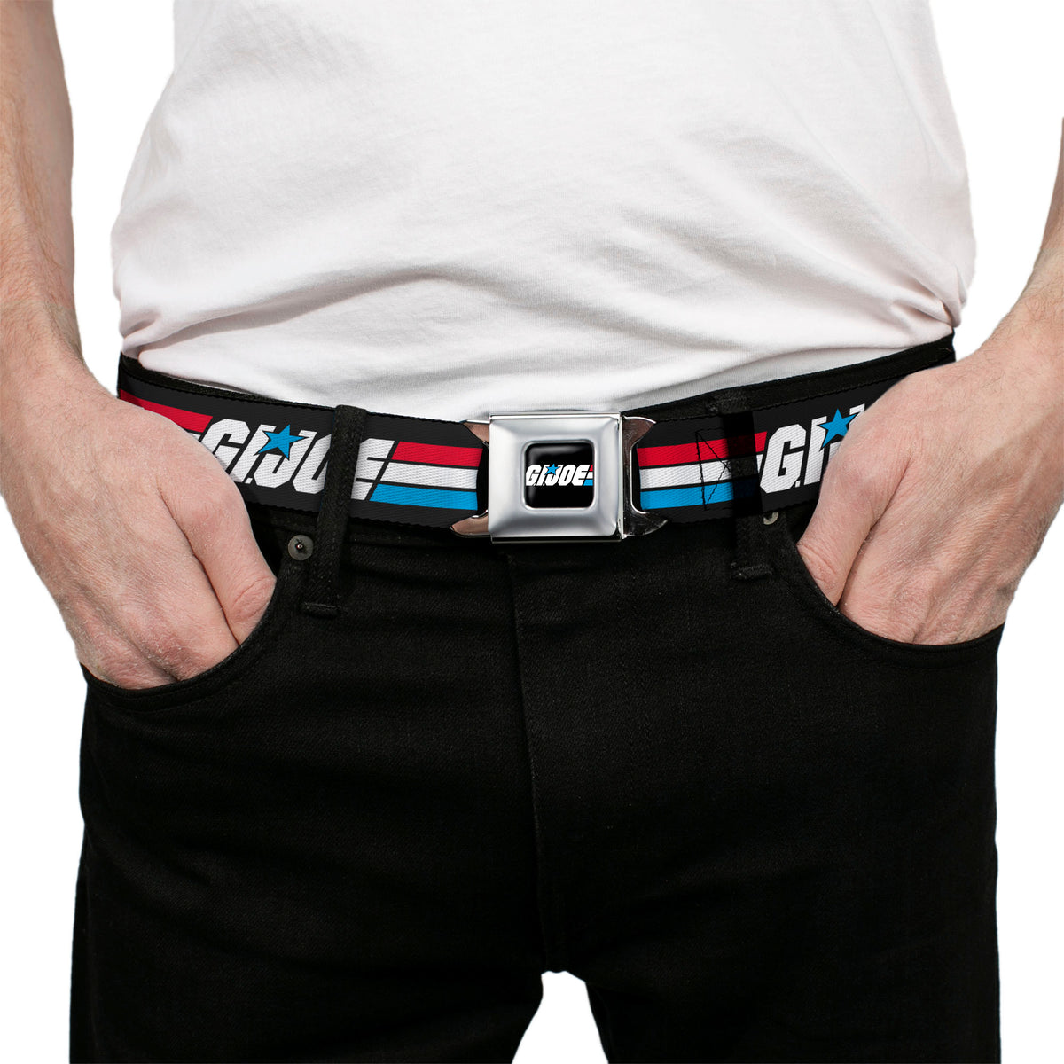 GI JOE Title Logo Stripe Full Color Black/Red/White/Blue Seatbelt Belt - GI JOE Title Logo Stripe Black/Red/White/Blue Webbing Seatbelt Belts Hasbro