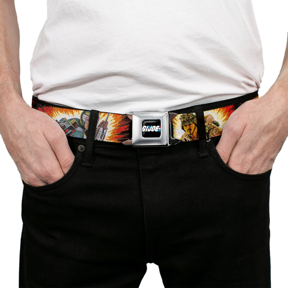 GI JOE Title Logo Stripe Full Color Black/Red/White/Blue Seatbelt Belt - GI Joe Retro Footloose Flash Air Tight Character File Card Explosion Poses Webbing Seatbelt Belts Hasbro