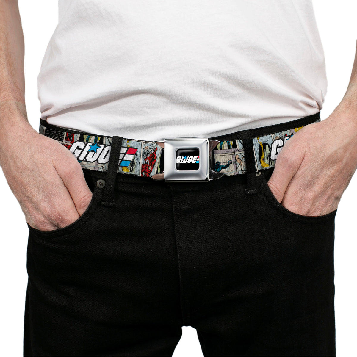 GI JOE Title Logo Stripe Full Color Black/Red/White/Blue Seatbelt Belt - GI JOE Title Logo and Comic Scene Blocks Webbing Seatbelt Belts Hasbro
