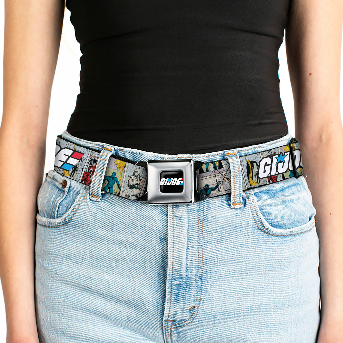 GI JOE Title Logo Stripe Full Color Black/Red/White/Blue Seatbelt Belt - GI JOE Title Logo and Comic Scene Blocks Webbing Seatbelt Belts Hasbro