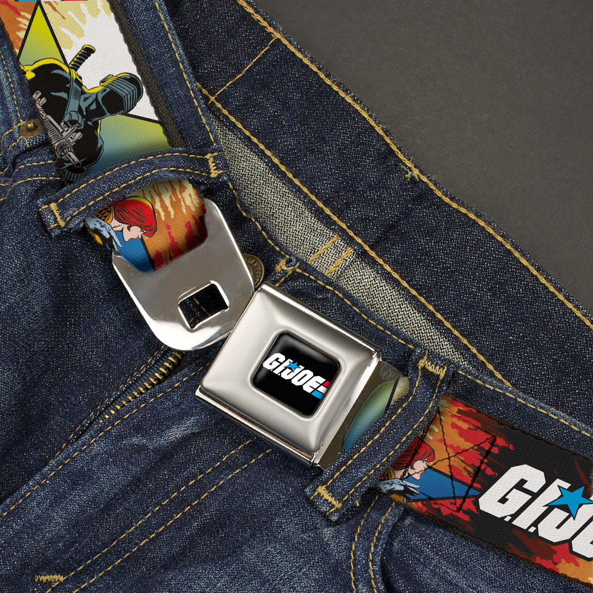 GI JOE Title Logo Stripe Full Color Black/Red/White/Blue Seatbelt Belt - GI JOE Storm Shadow Snake Eyes and Scarlett Comic Cover Poses Explosion Webbing Seatbelt Belts Hasbro