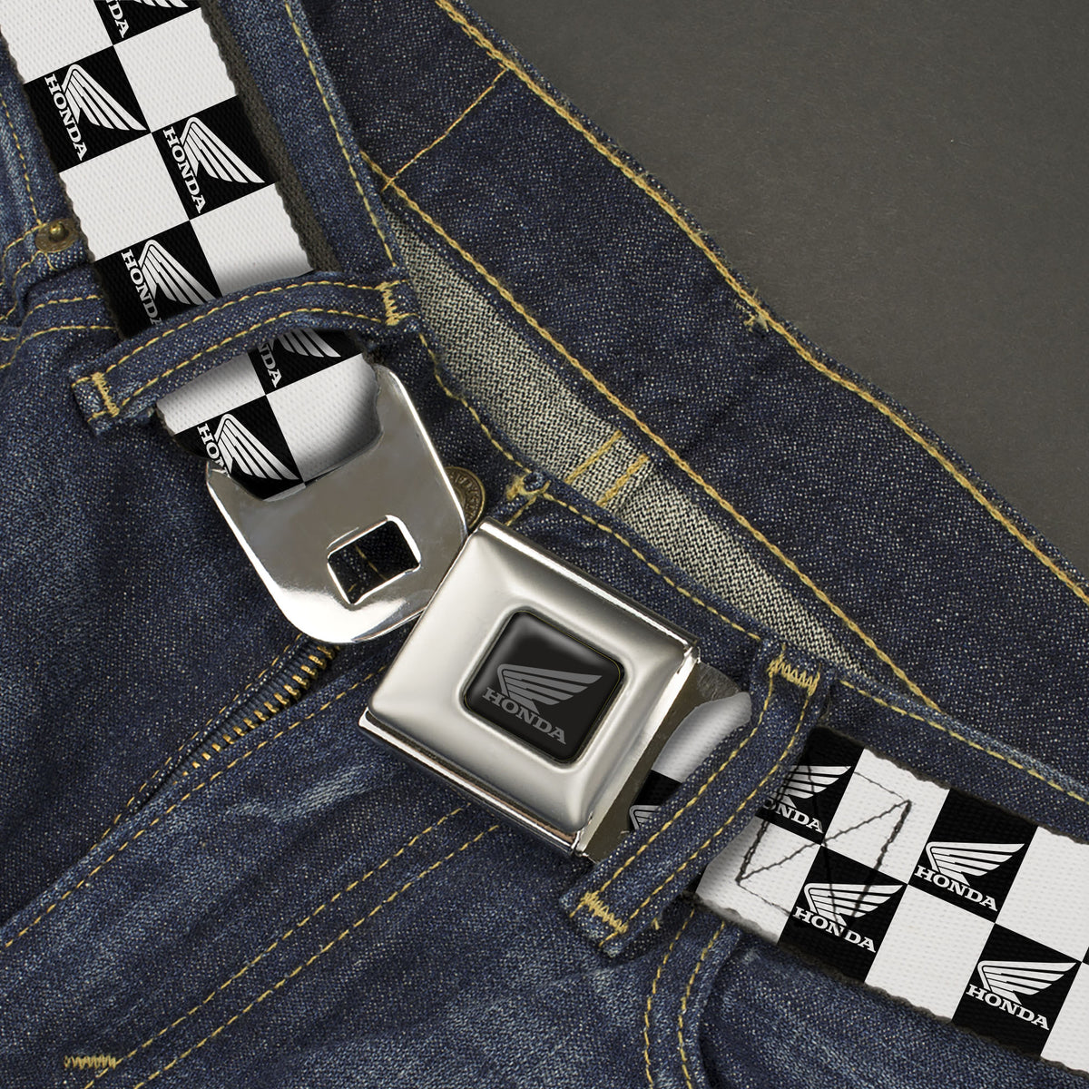 Honda Motorcycle Black/Silver Seatbelt Belt - HONDA Motorcycle Wing Logo Checker Black/White Webbing Seatbelt Belts Honda Motorsports