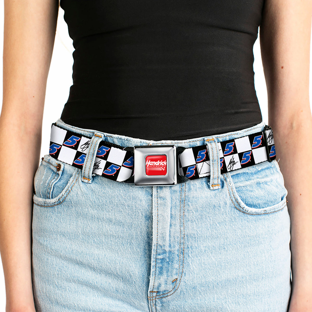 HENDRICK MOTORSPORTS Checker Logo Full Color Red/White Seatbelt Belt - Kyle Larson Autograph and #5 Checker Logo Black/White/Blue/Red Webbing Seatbelt Belts Hendrick Motorsports