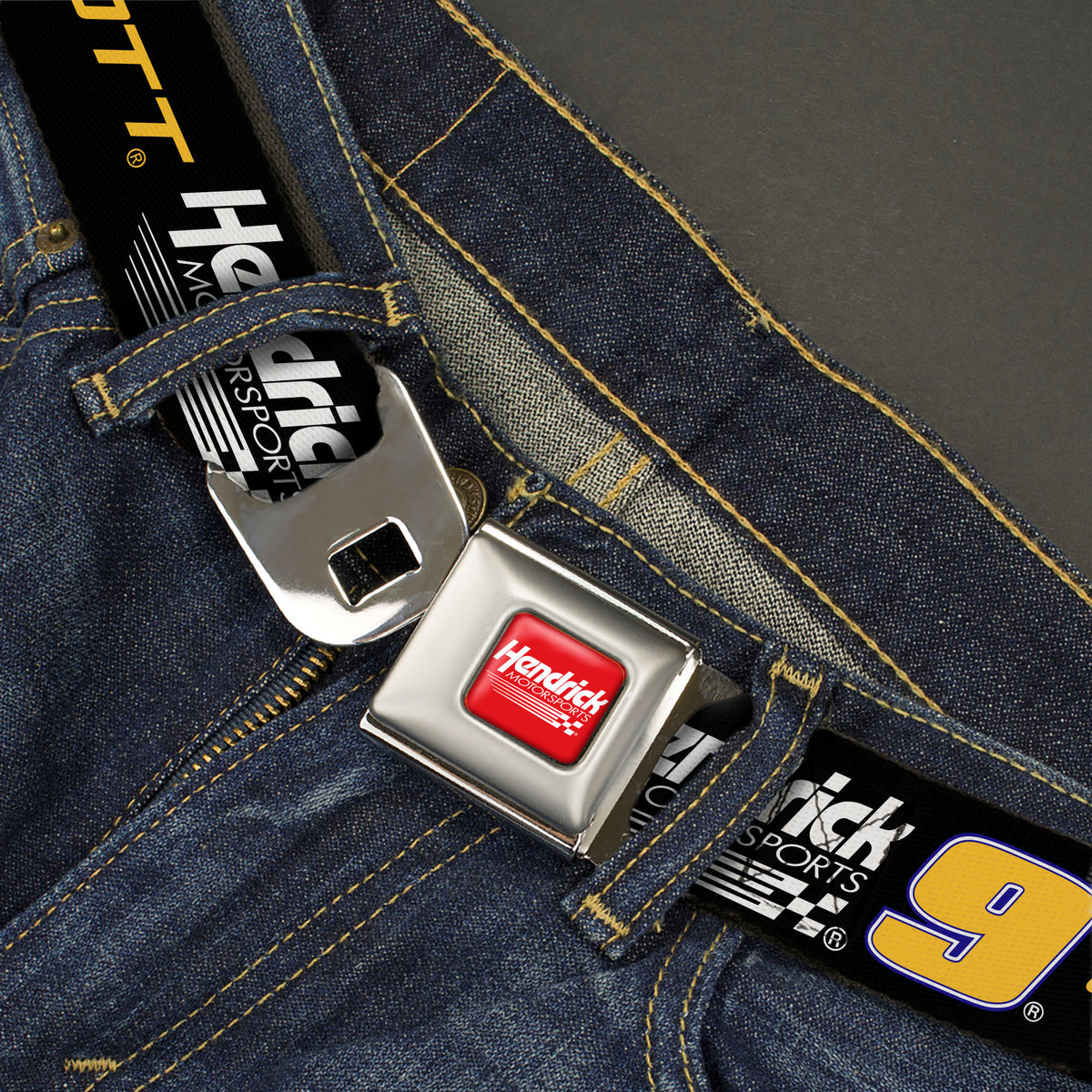 HENDRICK MOTORSPORTS Checker Logo Full Color Red/White Seatbelt Belt - CHASE ELLIOTT #9 Hendrick Motorsports Racing Logo Black/White/Blue/Yellow Webbing Seatbelt Belts Hendrick Motorsports