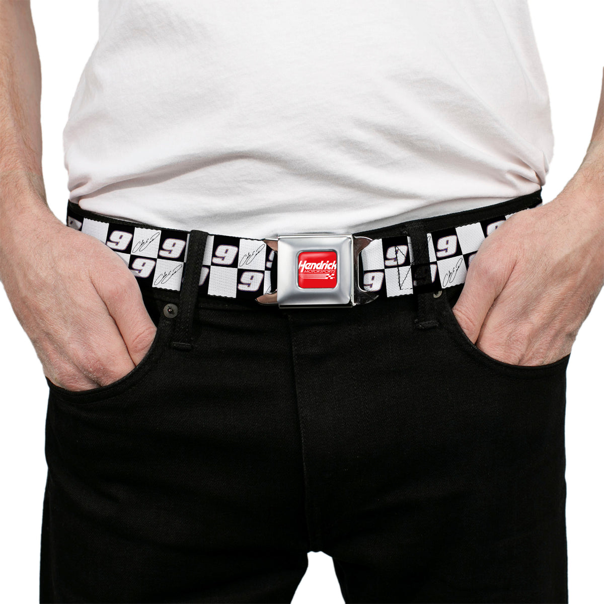 HENDRICK MOTORSPORTS Checker Logo Full Color Red/White Seatbelt Belt - Chase Elliott Autograph and #9 Checker Logo Black/White/Blue Webbing Seatbelt Belts Hendrick Motorsports