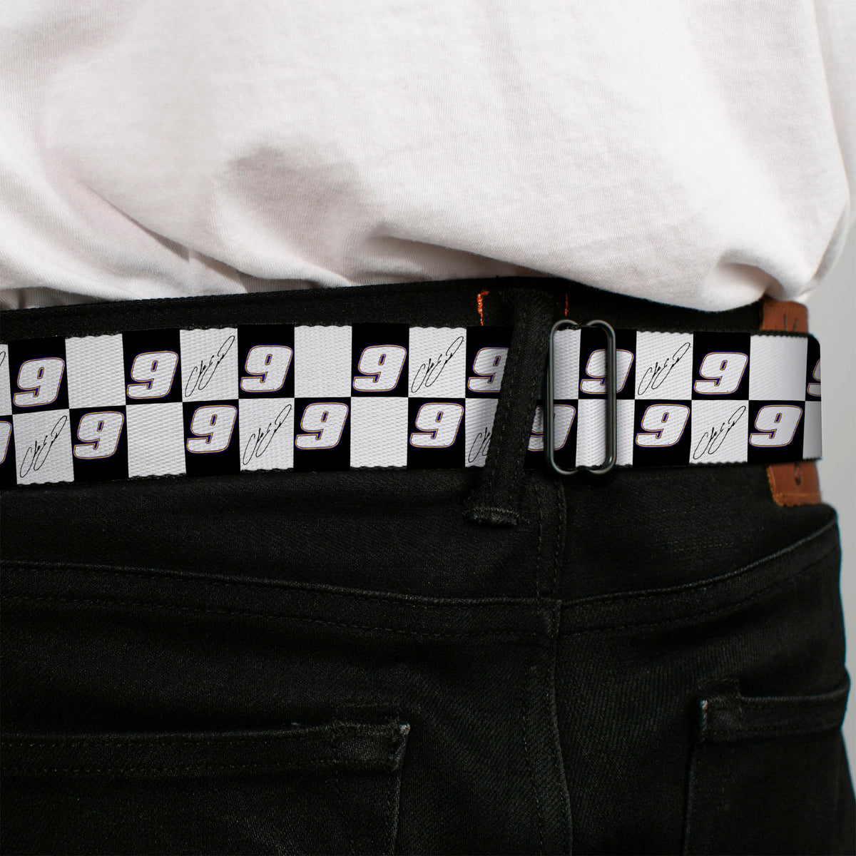 HENDRICK MOTORSPORTS Checker Logo Full Color Red/White Seatbelt Belt - Chase Elliott Autograph and #9 Checker Logo Black/White/Blue Webbing Seatbelt Belts Hendrick Motorsports
