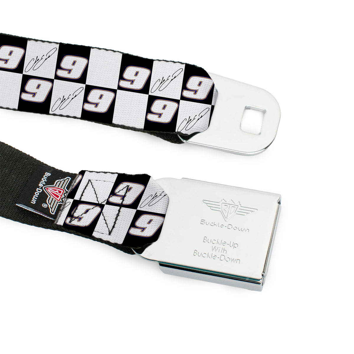 HENDRICK MOTORSPORTS Checker Logo Full Color Red/White Seatbelt Belt - Chase Elliott Autograph and #9 Checker Logo Black/White/Blue Webbing Seatbelt Belts Hendrick Motorsports