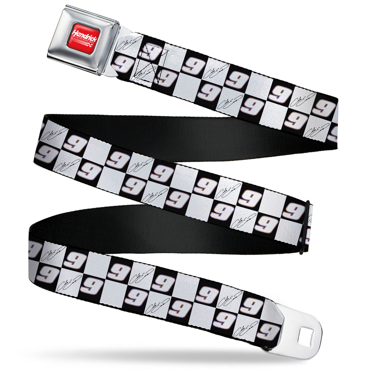 HENDRICK MOTORSPORTS Checker Logo Full Color Red/White Seatbelt Belt - Chase Elliott Autograph and #9 Checker Logo Black/White/Blue Webbing Seatbelt Belts Hendrick Motorsports