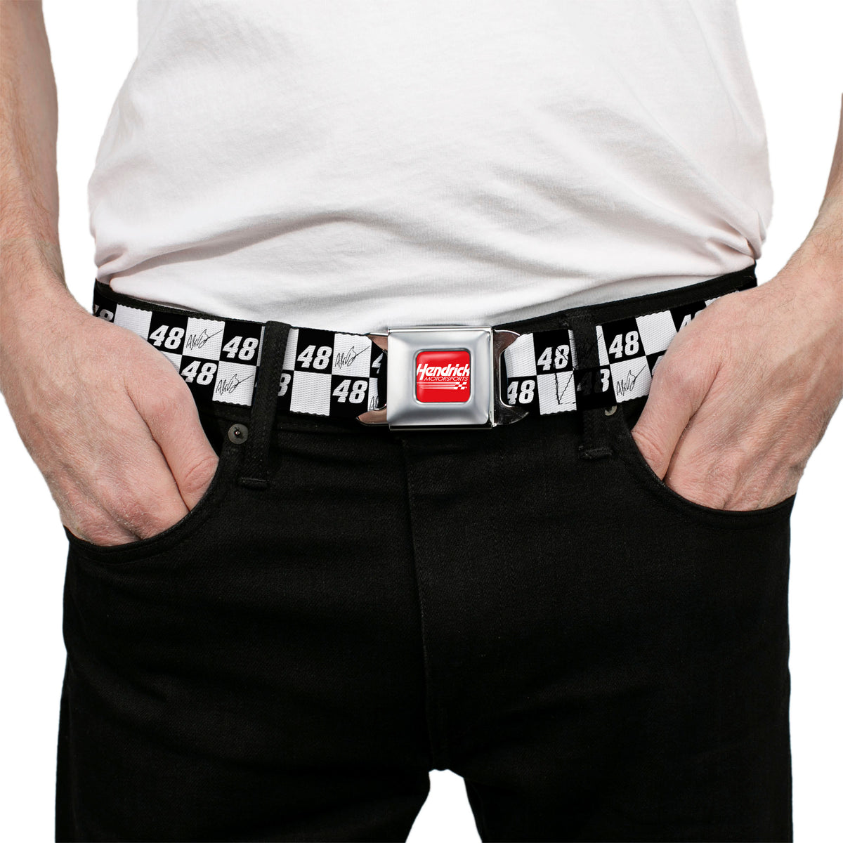 HENDRICK MOTORSPORTS Checker Logo Full Color Red/White Seatbelt Belt - Alex Bowman Autograph and #48 Checker Logo Black/White Webbing Seatbelt Belts Hendrick Motorsports