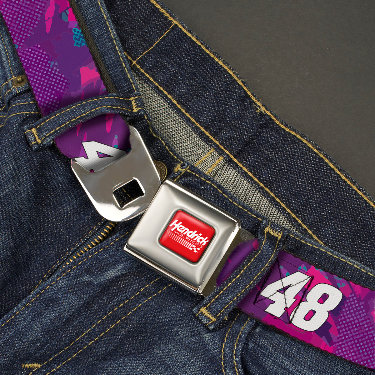 HENDRICK MOTORSPORTS Checker Logo Full Color Red/White Seatbelt Belt - Alex Bowman #48 Car Scheme Purples/Pinks/White Webbing Seatbelt Belts Hendrick Motorsports