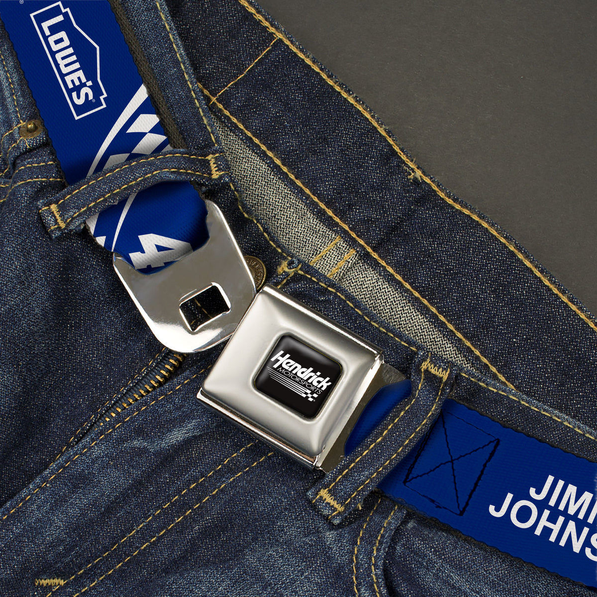 HENDRICK MOTORSPORTS Checker Logo Full Color Black/White Seatbelt Belt - JIMMIE JOHNSON #48 LOWE'S Logo Checker Blue/White Webbing Seatbelt Belts Hendrick Motorsports