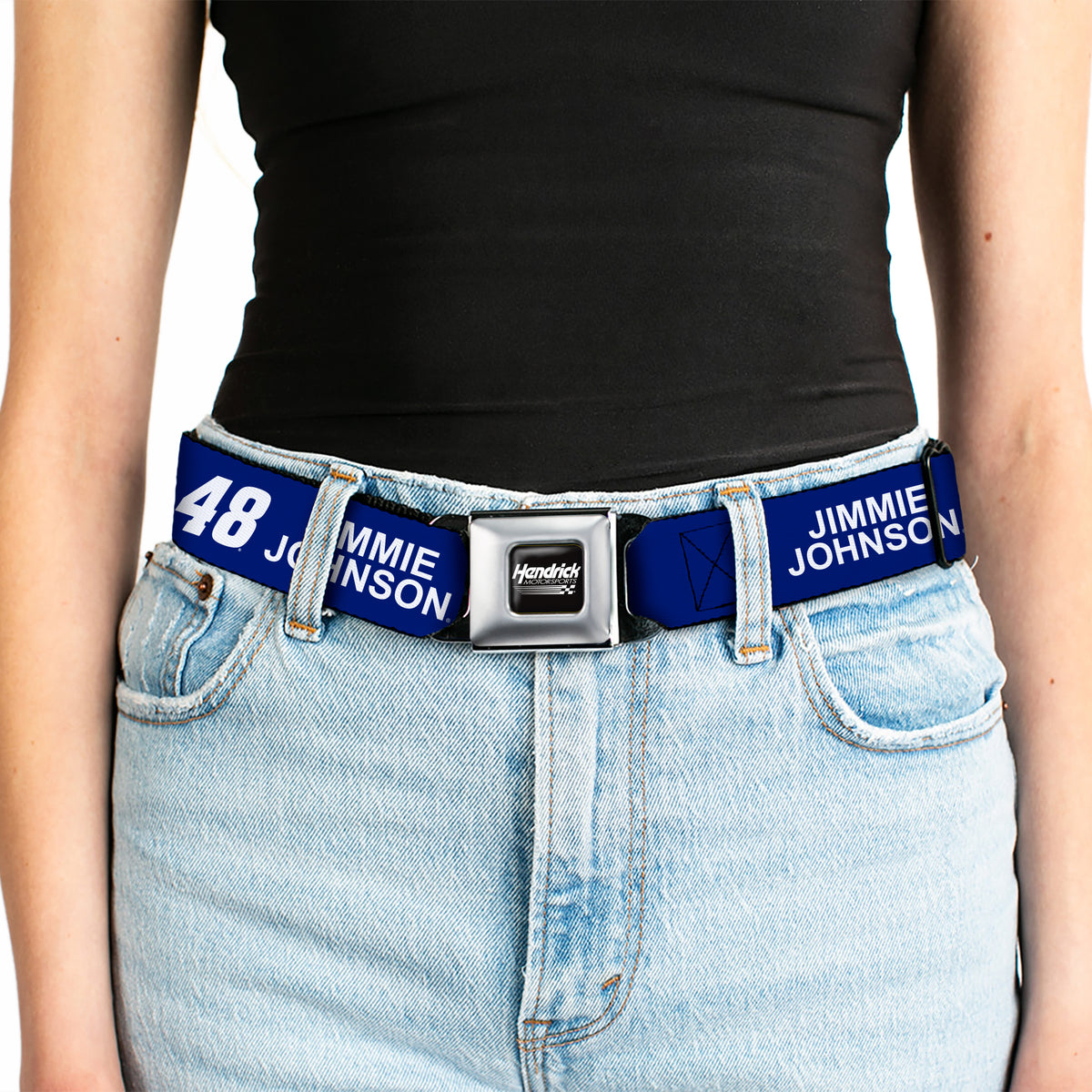 HENDRICK MOTORSPORTS Checker Logo Full Color Black/White Seatbelt Belt - JIMMIE JOHNSON #48 LOWE'S Logo Checker Blue/White Webbing Seatbelt Belts Hendrick Motorsports