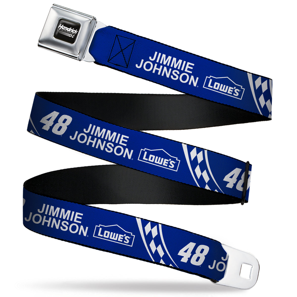 HENDRICK MOTORSPORTS Checker Logo Full Color Black/White Seatbelt Belt - JIMMIE JOHNSON #48 LOWE'S Logo Checker Blue/White Webbing Seatbelt Belts Hendrick Motorsports