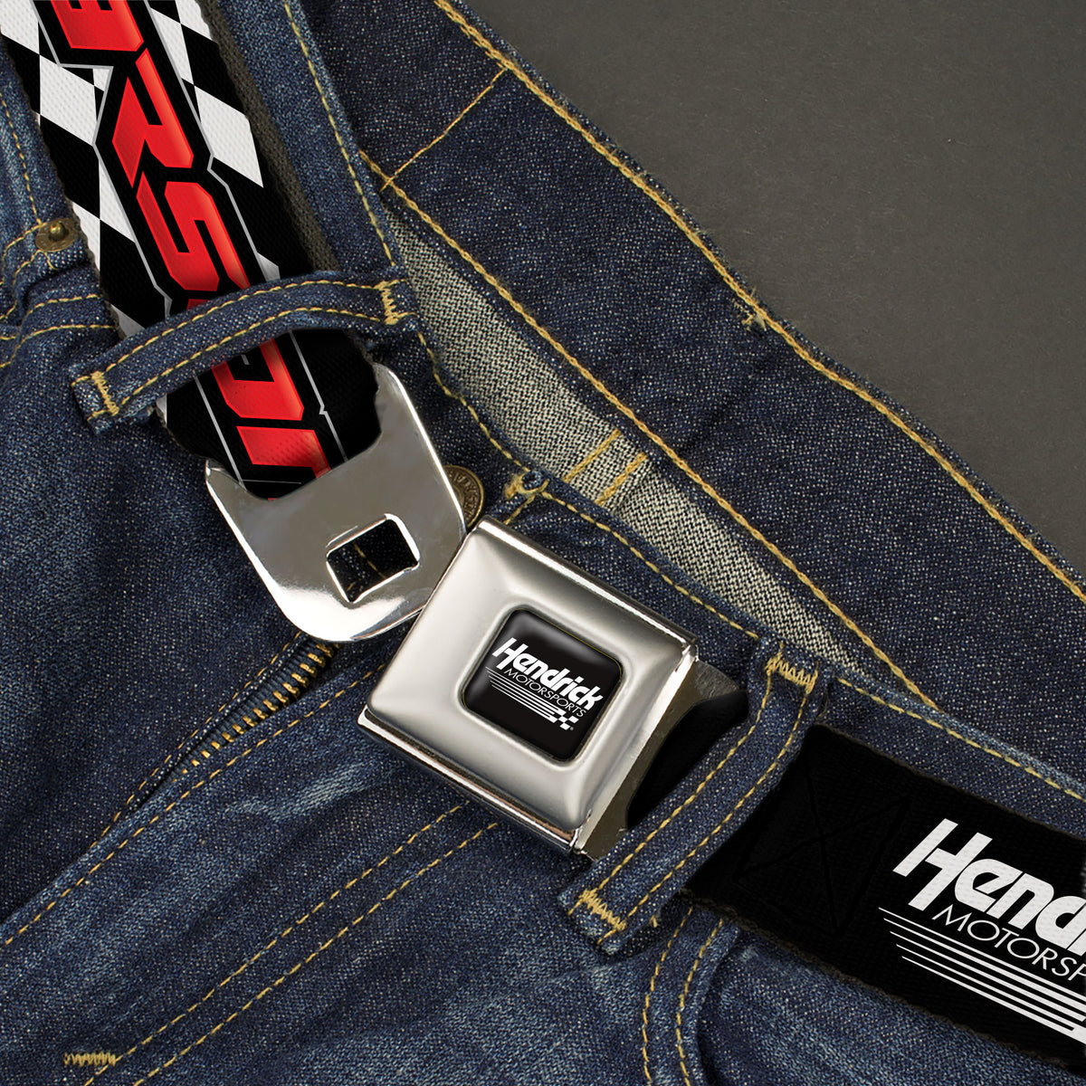 HENDRICK MOTORSPORTS Checker Logo Full Color Black/White Seatbelt Belt - Hendrick Motorsports KYLE LARSON 2X CHAMPIONSHIP Checker Black/White Webbing Seatbelt Belts Hendrick Motorsports