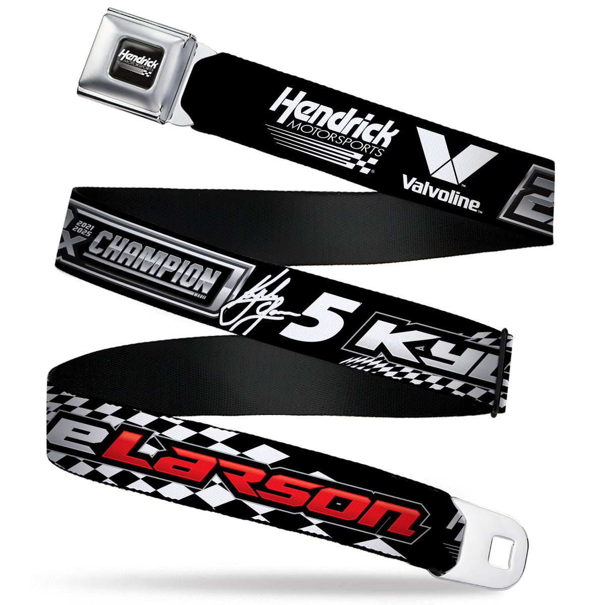 HENDRICK MOTORSPORTS Checker Logo Full Color Black/White Seatbelt Belt - Hendrick Motorsports KYLE LARSON 2X CHAMPIONSHIP Checker Black/White Webbing Seatbelt Belts Hendrick Motorsports