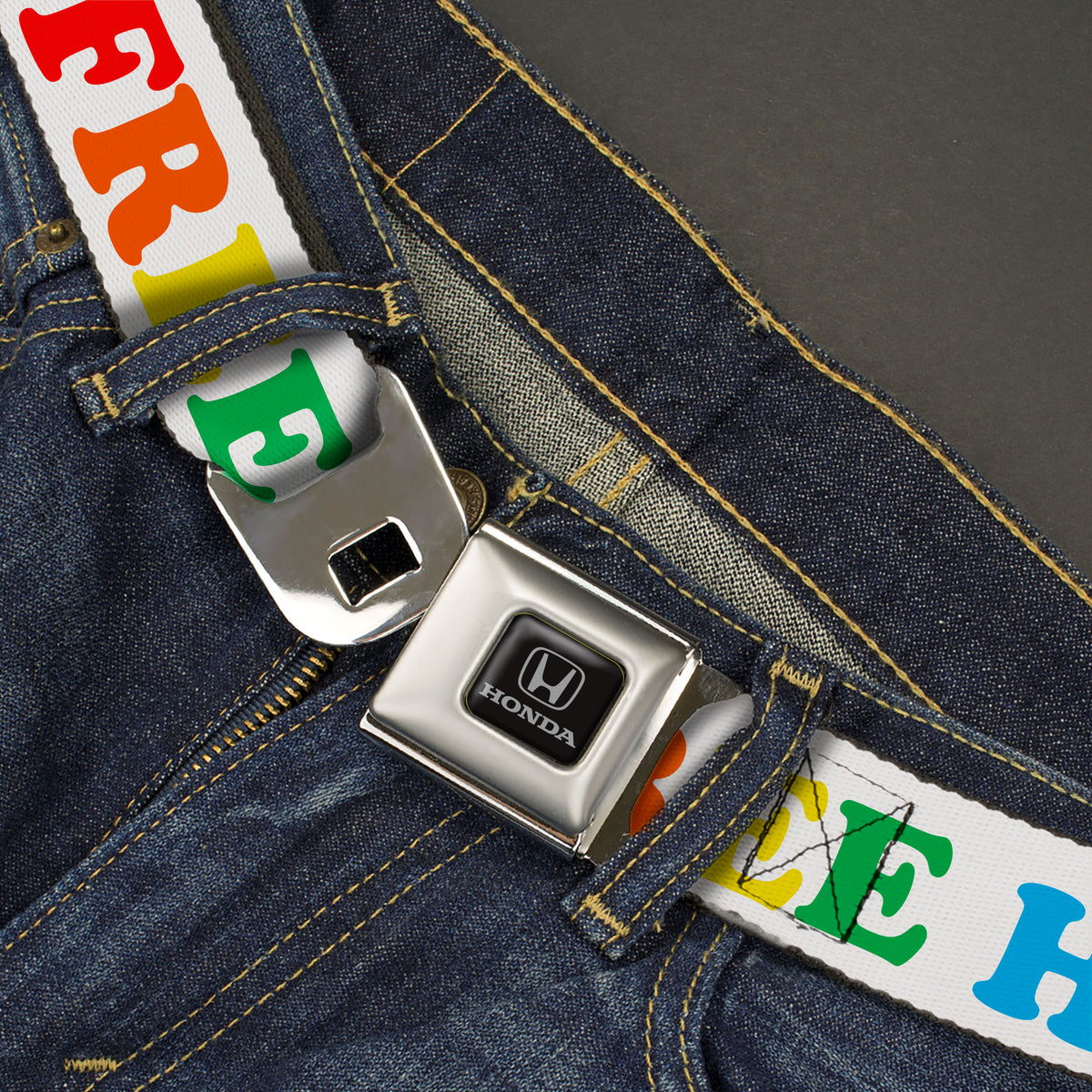 Honda - Seatbelt Belt - FREE HUGS White/Multi Color Webbing Seatbelt Belts Honda