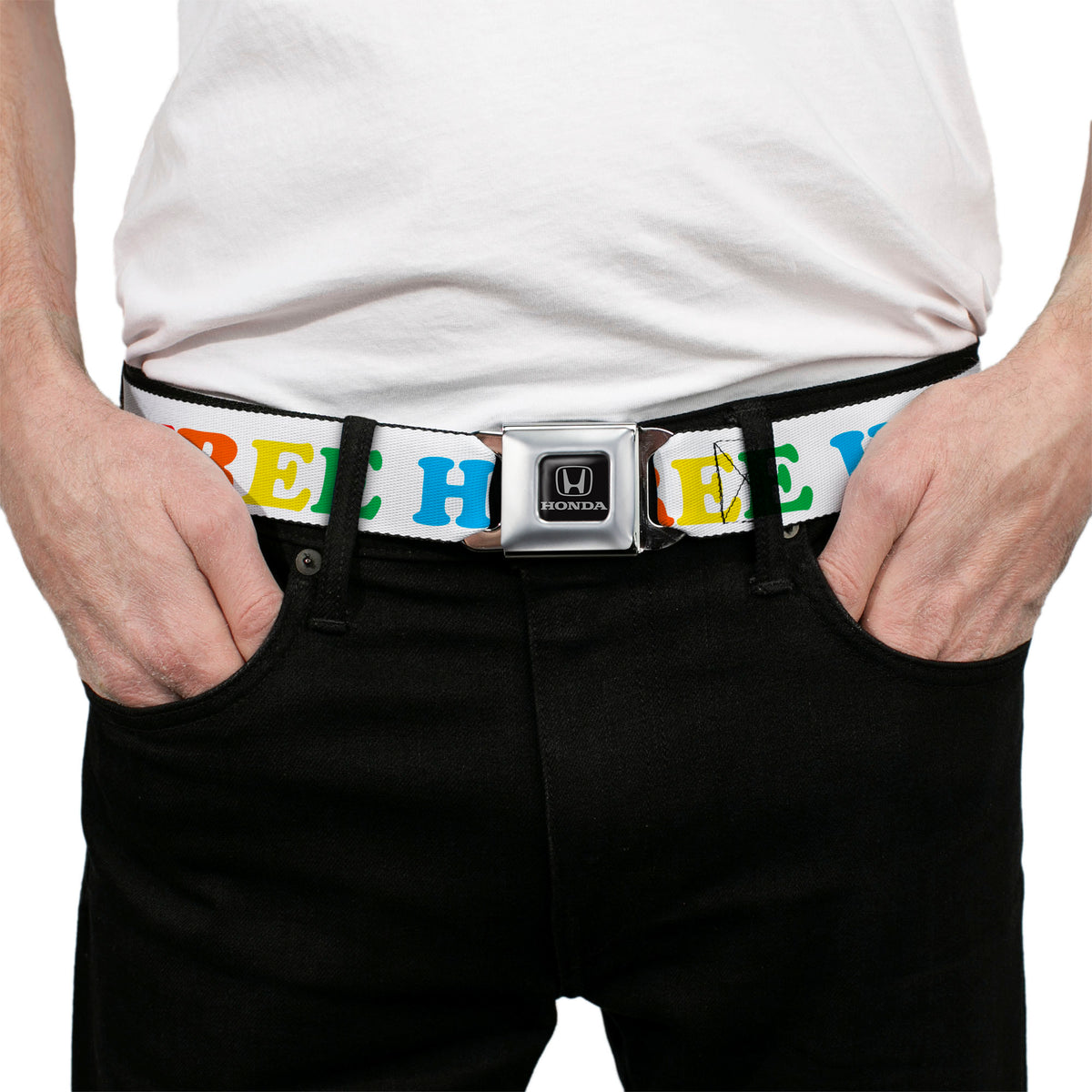 Honda - Seatbelt Belt - FREE HUGS White/Multi Color Webbing Seatbelt Belts Honda