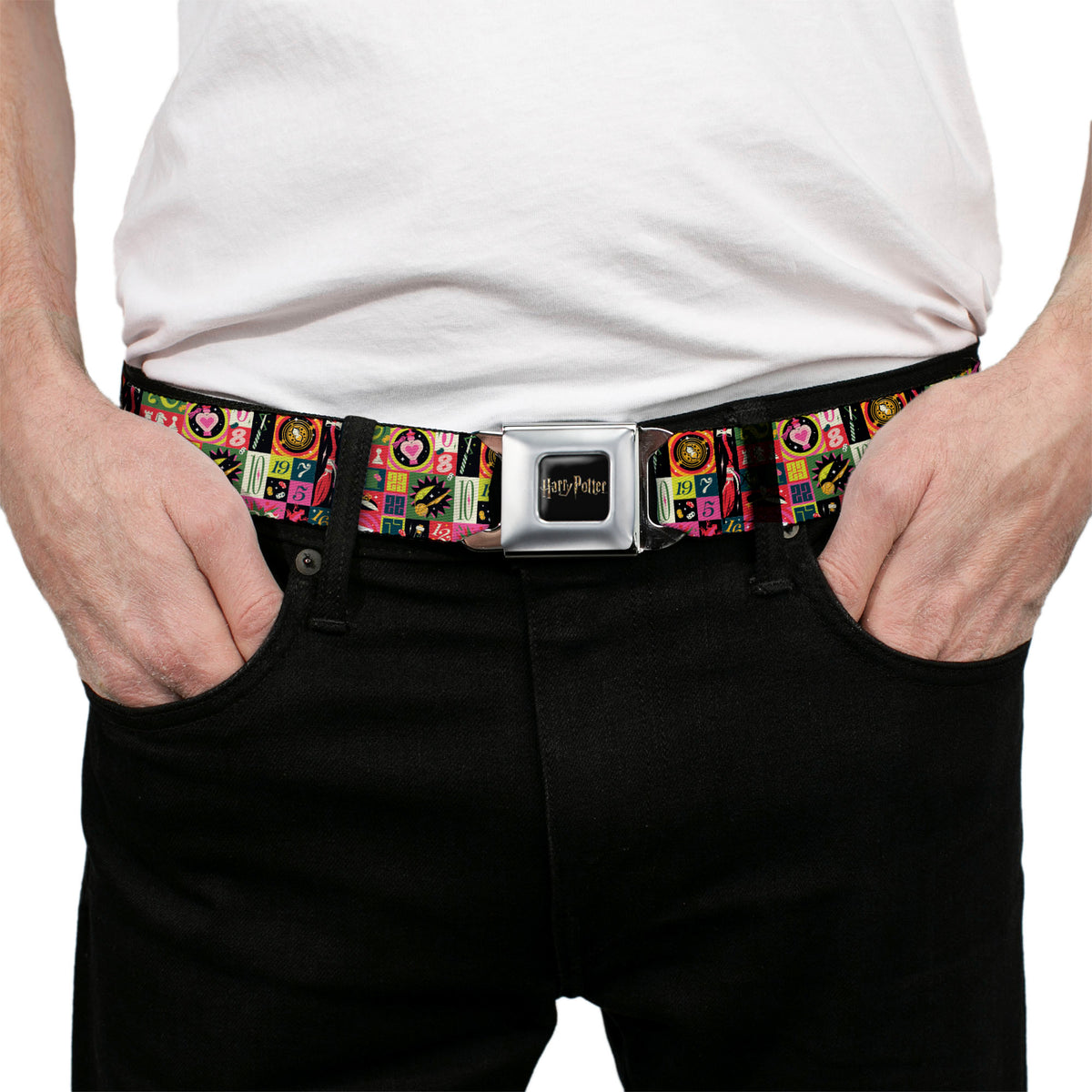 HARRY POTTER Title Logo Full Color Black Seatbelt Belt - Harry Potter Deck the Holidays Christmas Collage Multi Color Webbing Seatbelt Belts Harry Potter
