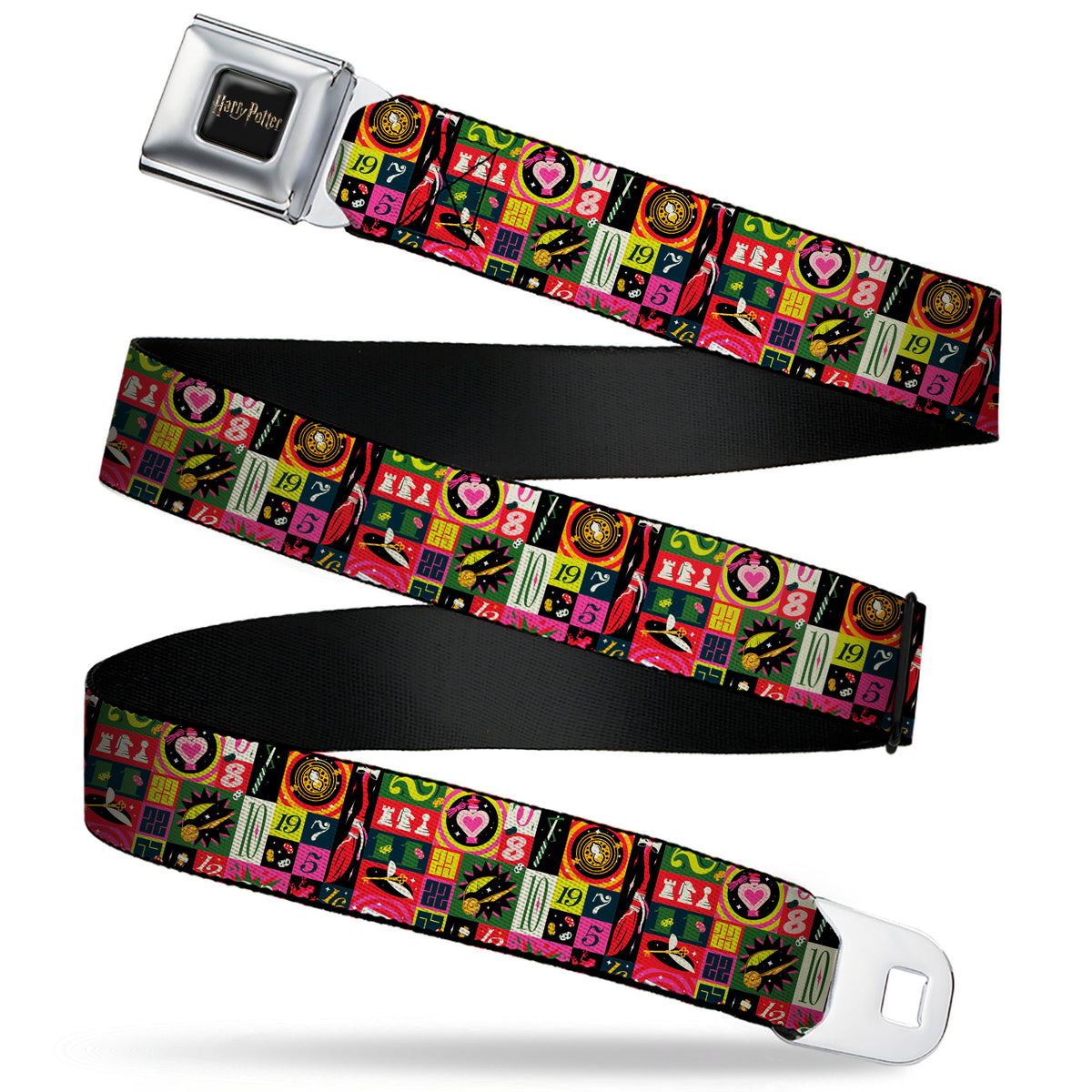 HARRY POTTER Title Logo Full Color Black Seatbelt Belt - Harry Potter Deck the Holidays Christmas Collage Multi Color Webbing Seatbelt Belts Harry Potter