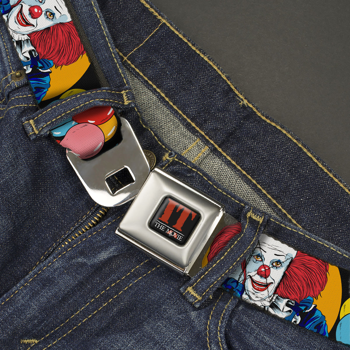 IT THE MOVIE Title Logo Full Color Black/Red/White Seatbelt Belt - IT YOU BLOW ME AWAY Pennywise Clown Pose Black/Multi Color Webbing Seatbelt Belts IT