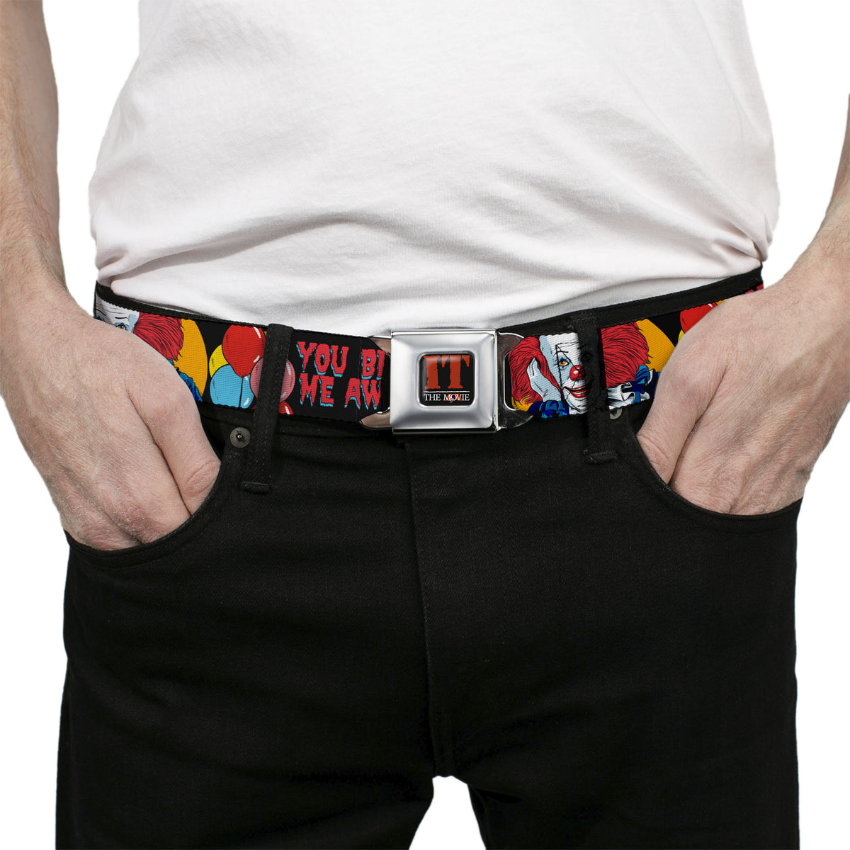 IT THE MOVIE Title Logo Full Color Black/Red/White Seatbelt Belt - IT YOU BLOW ME AWAY Pennywise Clown Pose Black/Multi Color Webbing Seatbelt Belts IT