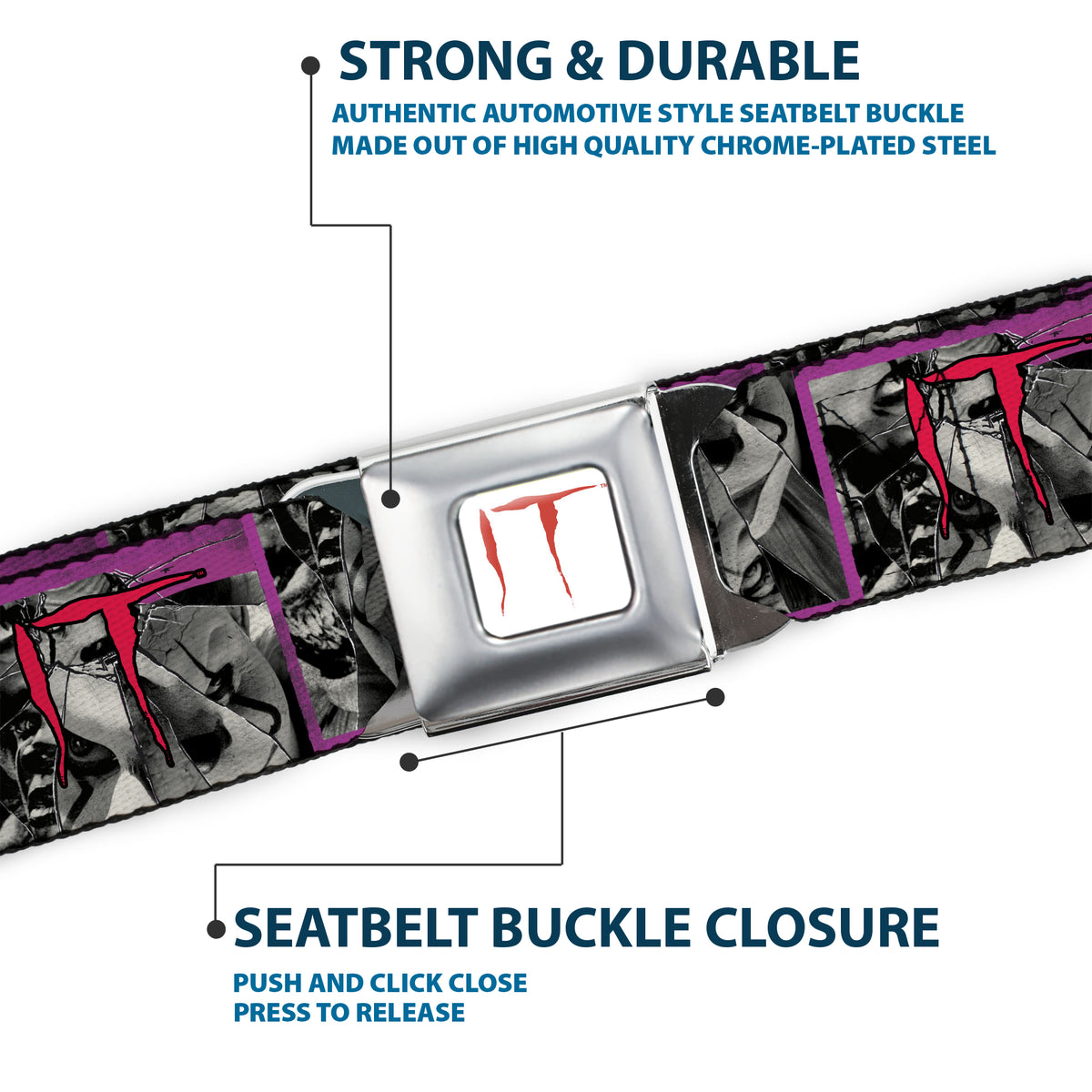 IT Text Logo Full Color White/Red Seatbelt Belt - IT Pennywise Broken Mirror Pose Purple/Grays/Red Webbing Seatbelt Belts IT