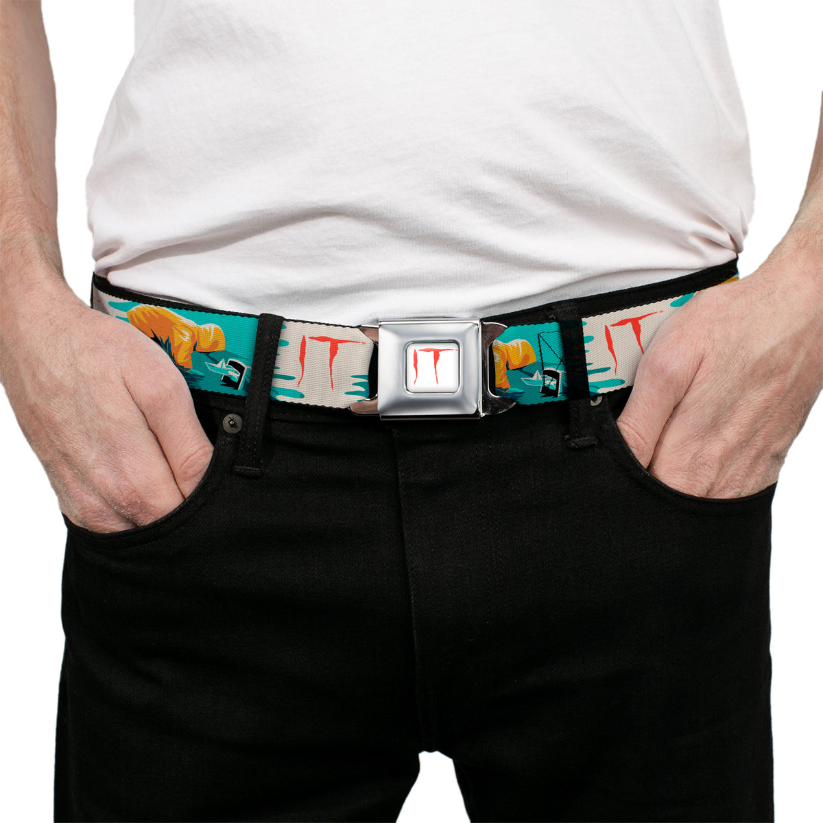 IT Text Logo Full Color White/Red Seatbelt Belt - IT Georgie Paper Boat Scene and Title Logo Webbing Seatbelt Belts IT