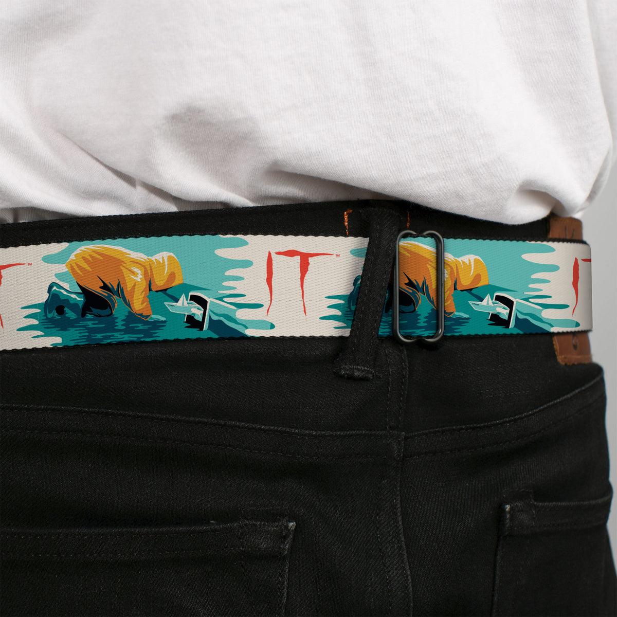 IT Text Logo Full Color White/Red Seatbelt Belt - IT Georgie Paper Boat Scene and Title Logo Webbing Seatbelt Belts IT