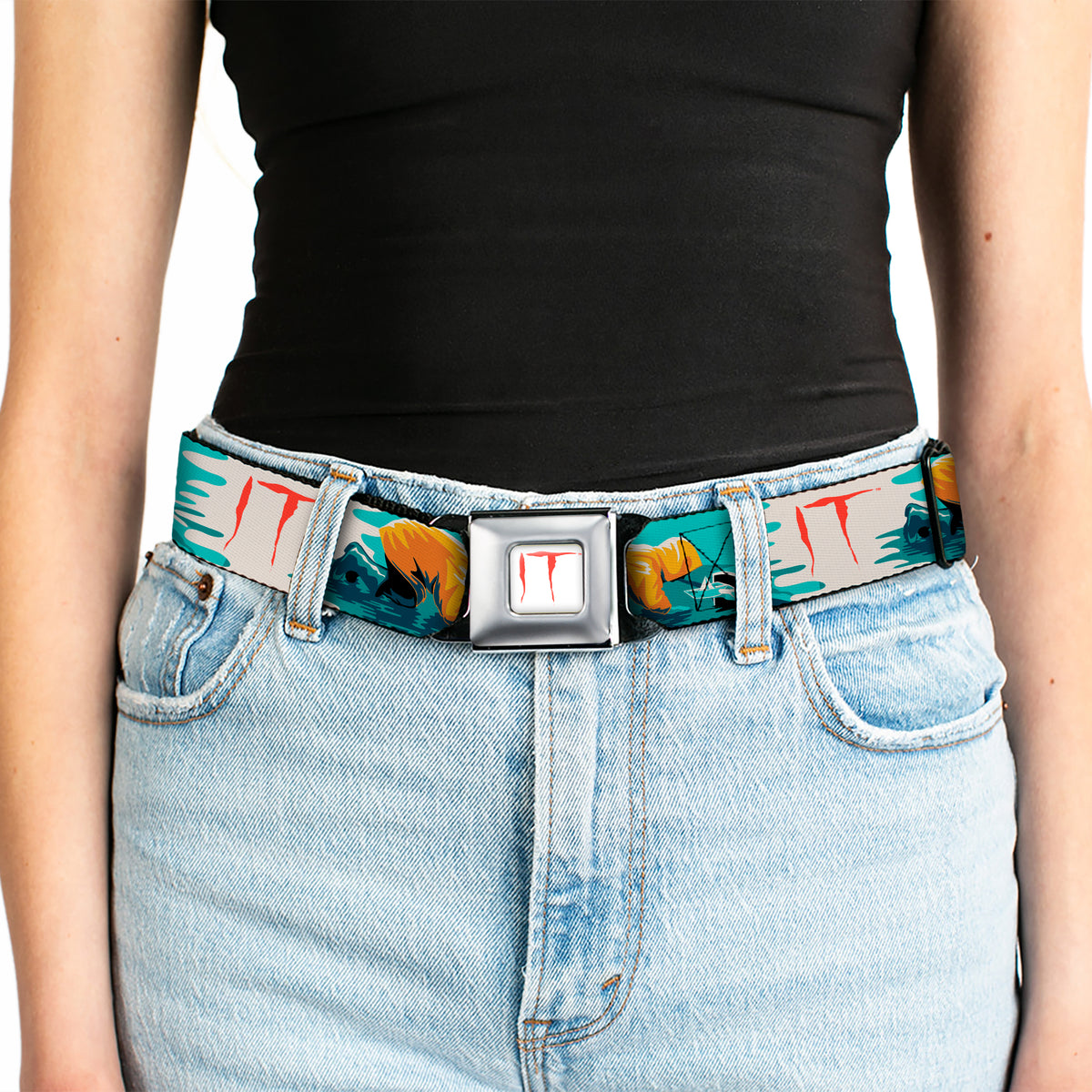 IT Text Logo Full Color White/Red Seatbelt Belt - IT Georgie Paper Boat Scene and Title Logo Webbing Seatbelt Belts IT