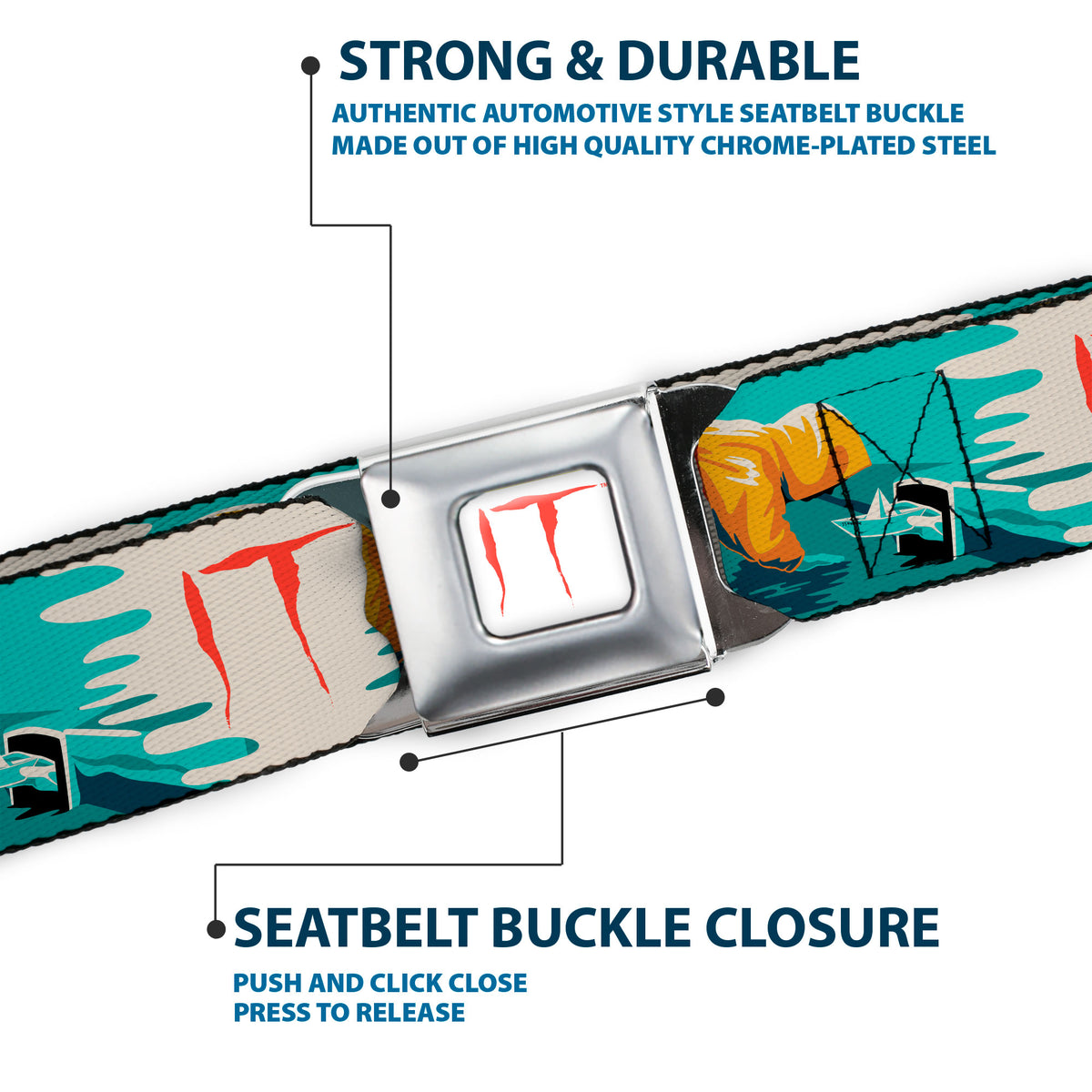 IT Text Logo Full Color White/Red Seatbelt Belt - IT Georgie Paper Boat Scene and Title Logo Webbing Seatbelt Belts IT