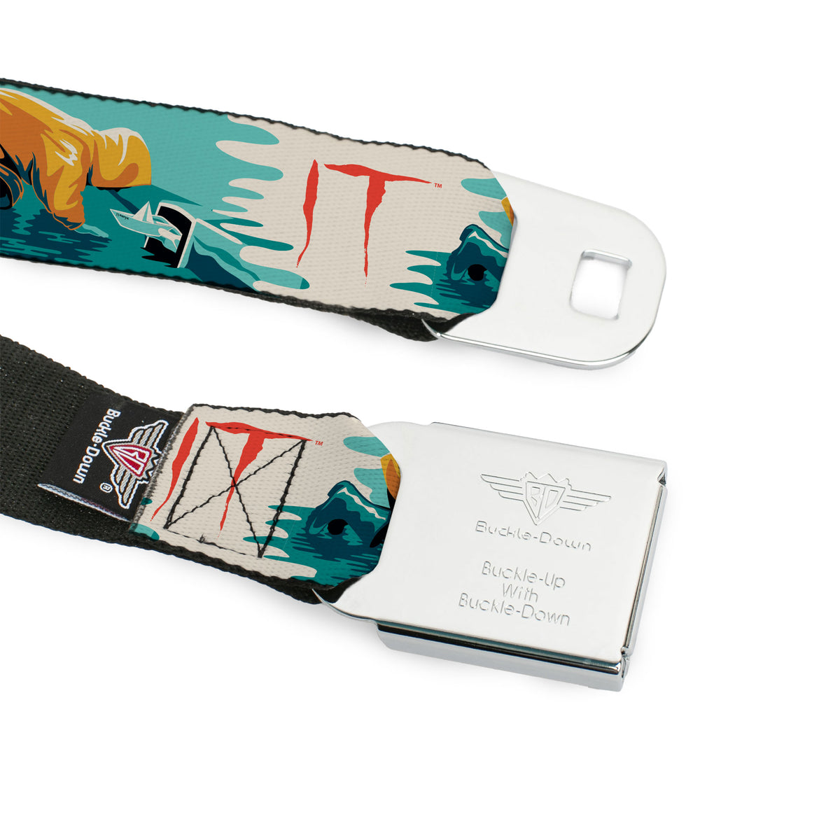 IT Text Logo Full Color White/Red Seatbelt Belt - IT Georgie Paper Boat Scene and Title Logo Webbing Seatbelt Belts IT