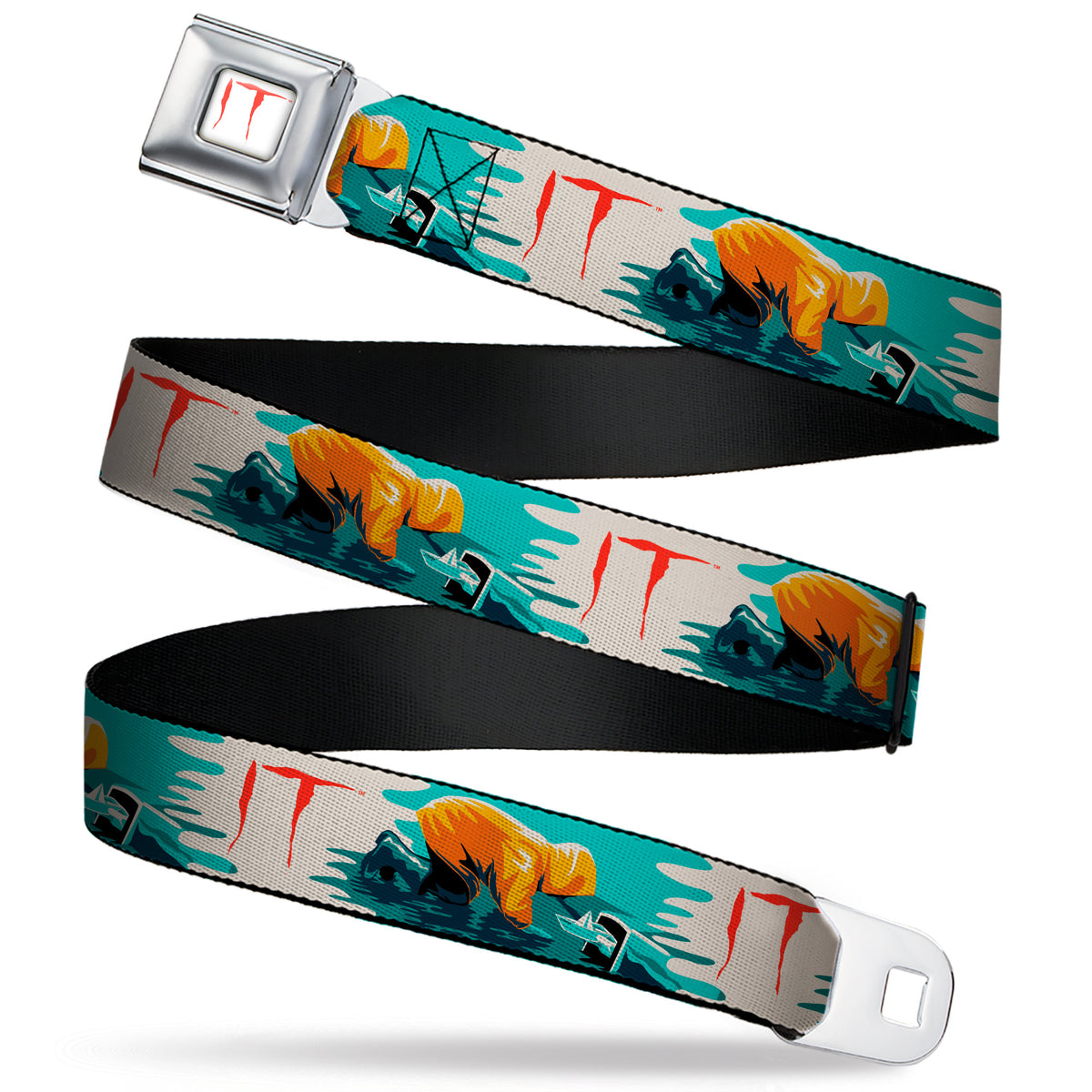 IT Text Logo Full Color White/Red Seatbelt Belt - IT Georgie Paper Boat Scene and Title Logo Webbing Seatbelt Belts IT