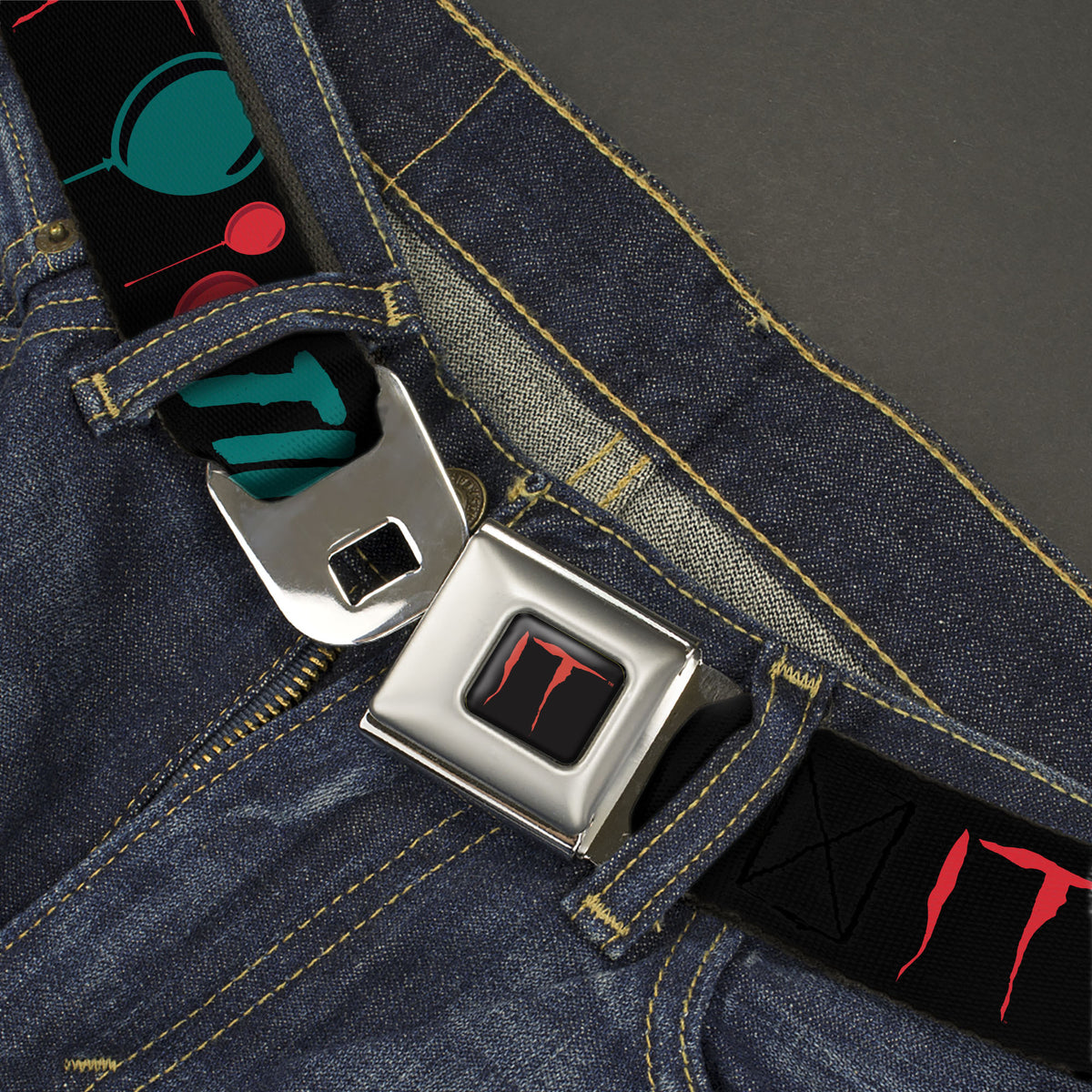 IT Title Logo Full Color Black/Red Seatbelt Belt - IT Pennywise Face and Balloons TIME TO FLOAT Black/Blues/Reds Webbing Seatbelt Belts IT