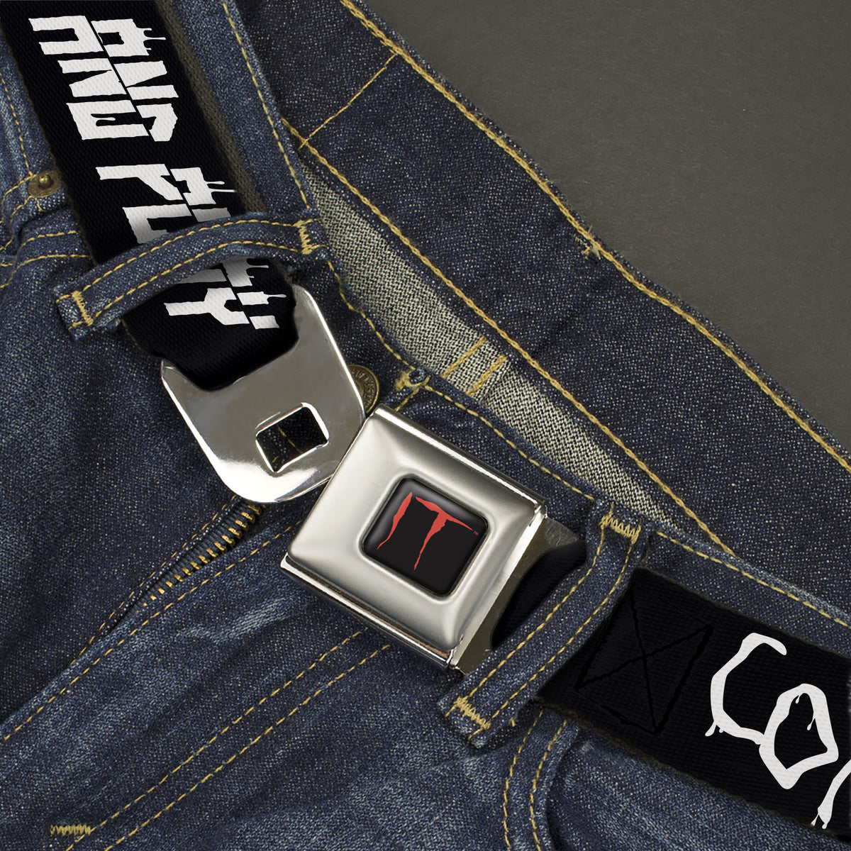 IT Title Logo Full Color Black/Red Seatbelt Belt - IT Pennywise Face Close-Up COME HOME-COME BACK AND PLAY Black/White Webbing Seatbelt Belts IT