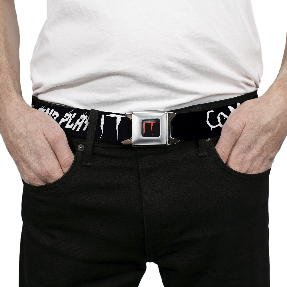 IT Title Logo Full Color Black/Red Seatbelt Belt - IT Pennywise Face Close-Up COME HOME-COME BACK AND PLAY Black/White Webbing Seatbelt Belts IT
