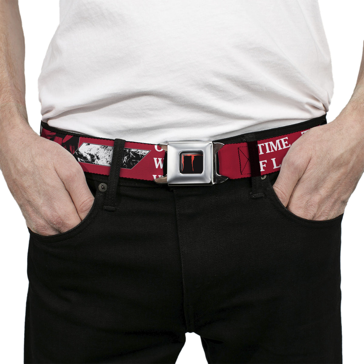 IT Title Logo Full Color Black/Red Seatbelt Belt - IT Pennywise Poses and Quotes Collage Red/White/Grays Webbing Seatbelt Belts IT
