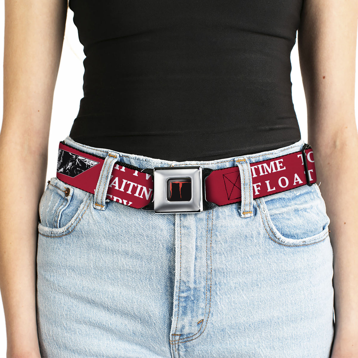 IT Title Logo Full Color Black/Red Seatbelt Belt - IT Pennywise Poses and Quotes Collage Red/White/Grays Webbing Seatbelt Belts IT