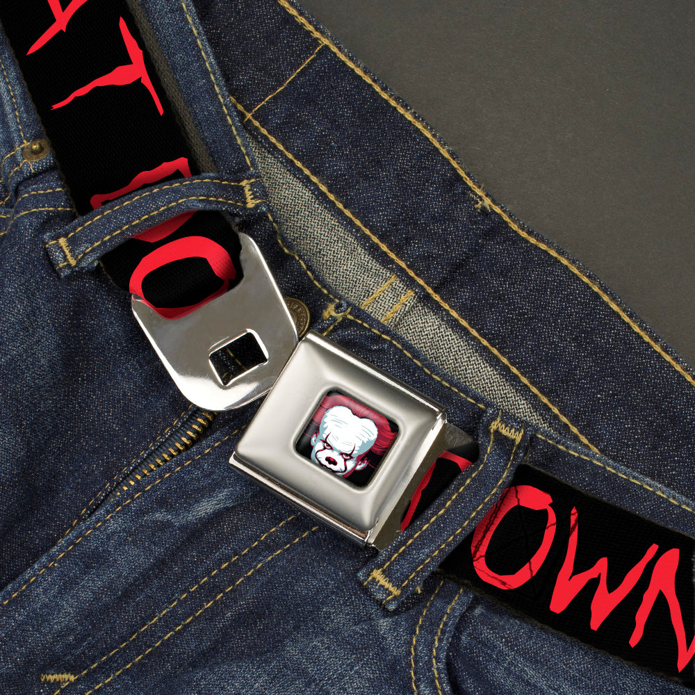 It Chapter Two Pennywise Face2 Full Color Black/Reds/Blues Seatbelt Belt - It Chapter Two I LOVE DERRY Balloon/WE ALL FLOAT DOWN HERE Quote Black/Red/White Webbing Seatbelt Belts IT