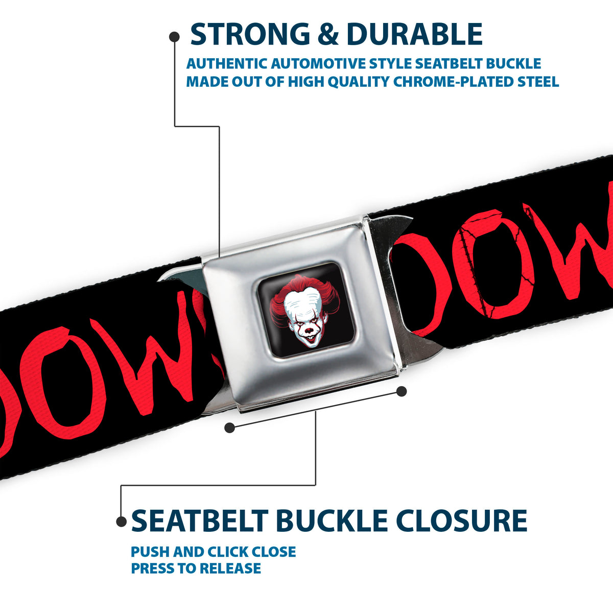 It Chapter Two Pennywise Face2 Full Color Black/Reds/Blues Seatbelt Belt - It Chapter Two I LOVE DERRY Balloon/WE ALL FLOAT DOWN HERE Quote Black/Red/White Webbing Seatbelt Belts IT