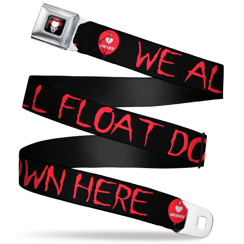 It Chapter Two Pennywise Face2 Full Color Black/Reds/Blues Seatbelt Belt - It Chapter Two I LOVE DERRY Balloon/WE ALL FLOAT DOWN HERE Quote Black/Red/White Webbing Seatbelt Belts IT