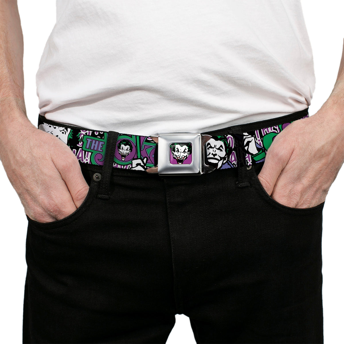 Joker Face Full Color Seatbelt Belt - Joker Face/Logo/Spades Black/White/Purple Webbing Seatbelt Belts DC Comics