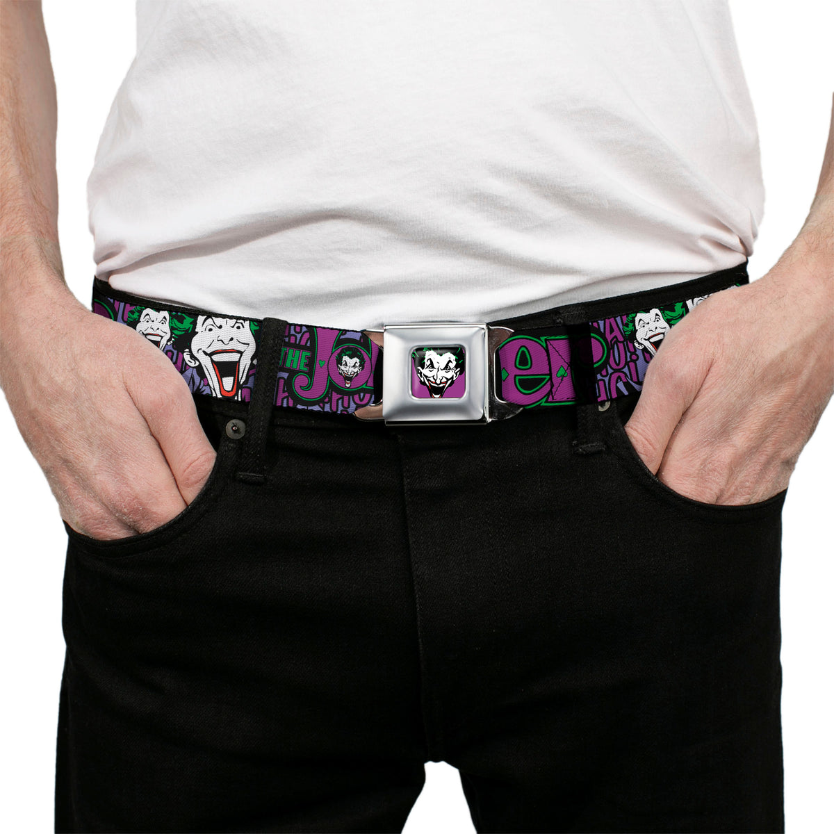 Joker Face Full Color Seatbelt Belt - Joker Face/Logo/Spades Black/Green/Purple Webbing Seatbelt Belts DC Comics