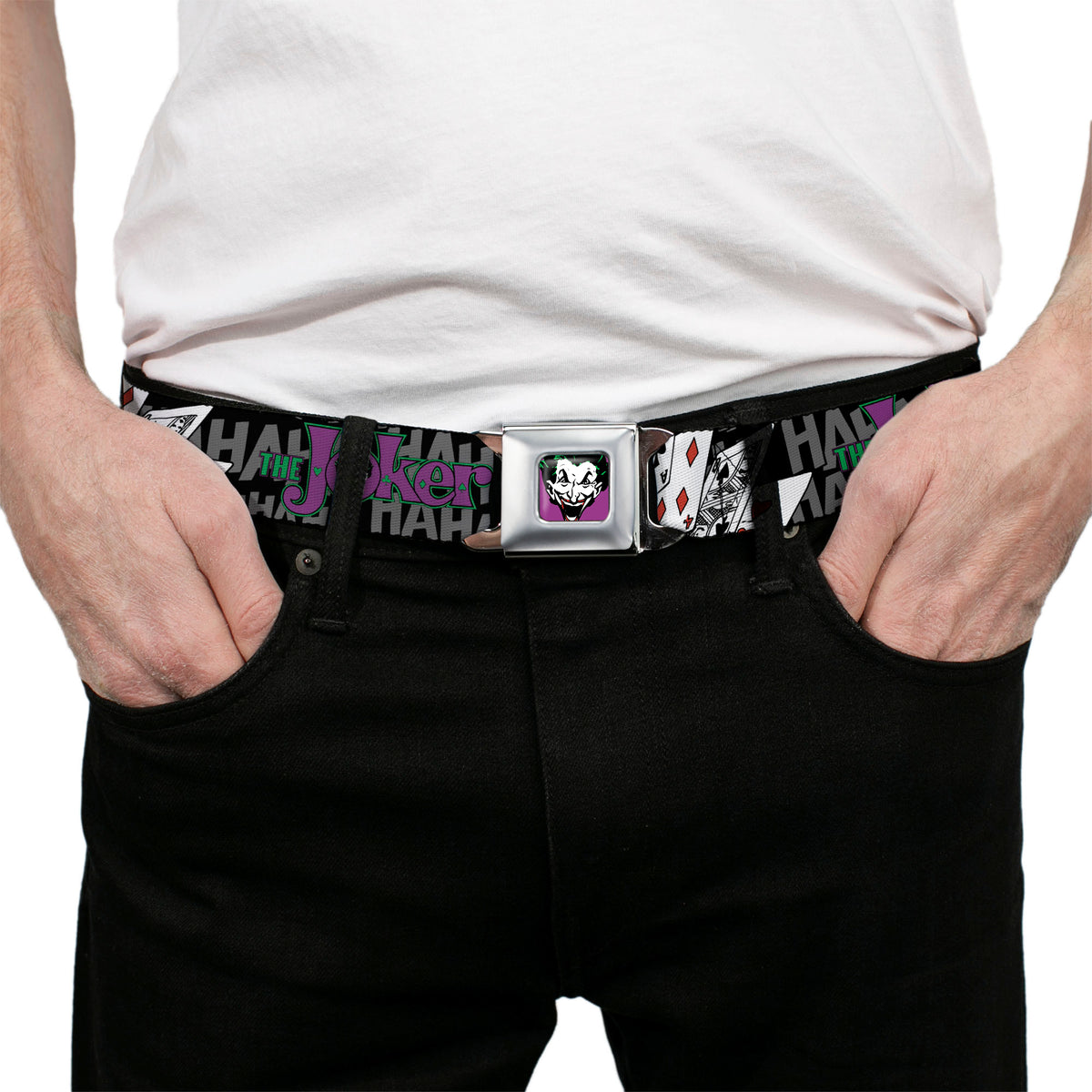 Joker Face Full Color Seatbelt Belt - The Joker Pose/Cards/HAHAHAHA Black/Gray Webbing Seatbelt Belts DC Comics