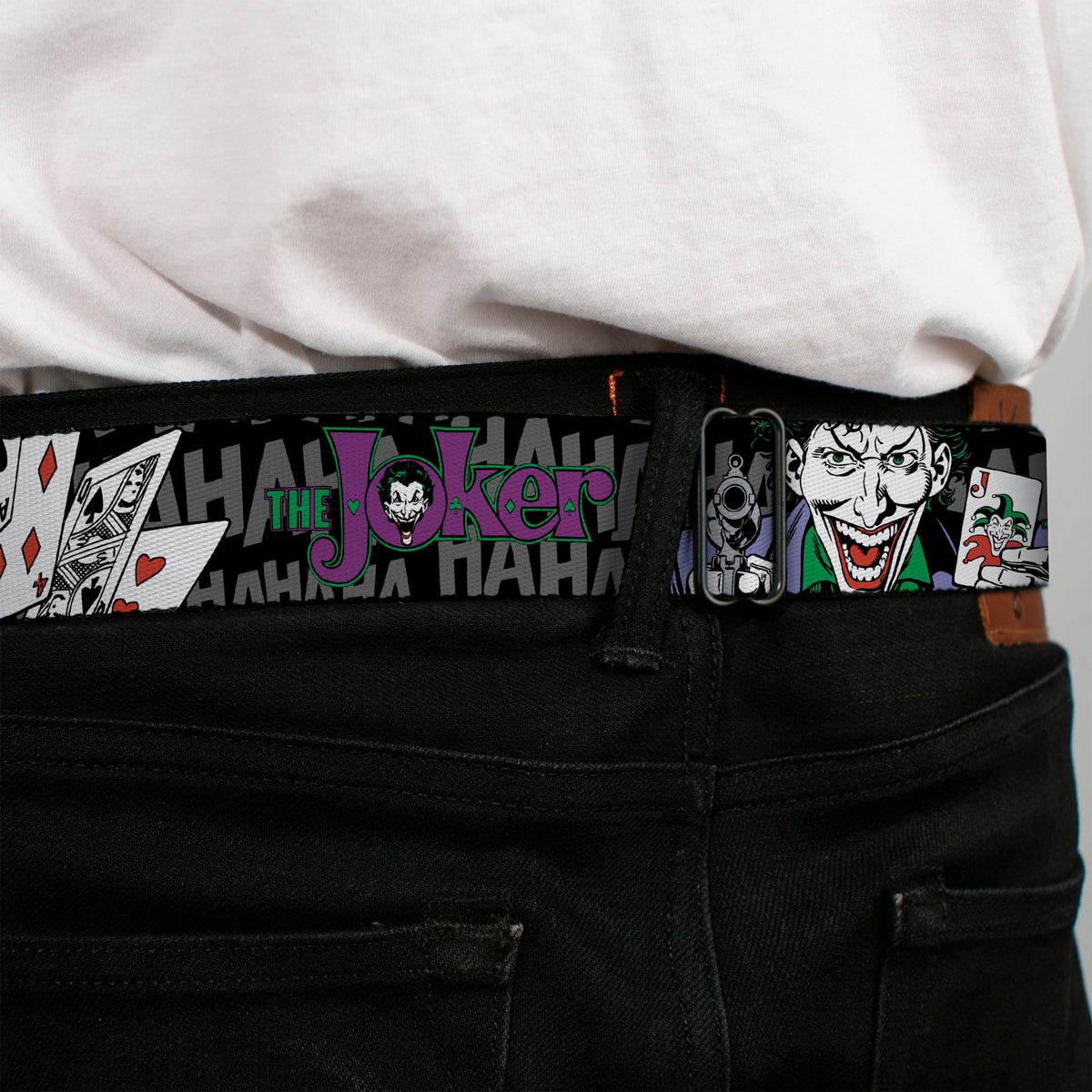 Joker Face Full Color Seatbelt Belt - The Joker Pose/Cards/HAHAHAHA Black/Gray Webbing Seatbelt Belts DC Comics