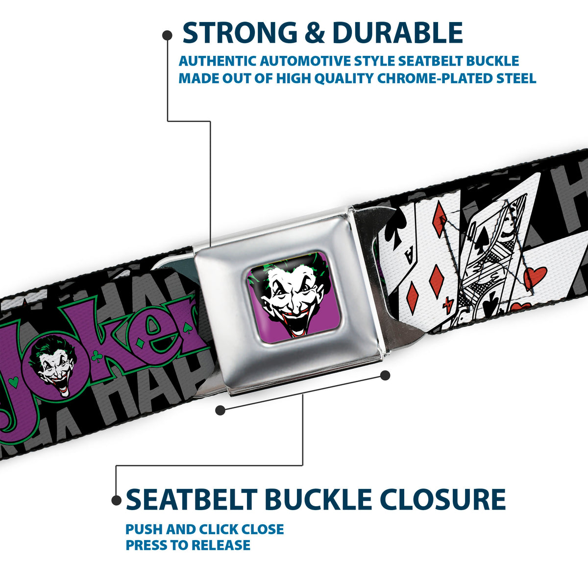 Joker Face Full Color Seatbelt Belt - The Joker Pose/Cards/HAHAHAHA Black/Gray Webbing Seatbelt Belts DC Comics